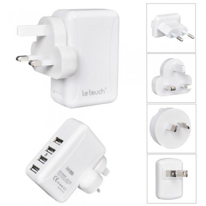 Le Touch USB X 4 Travel Charger with Universal AC Plugs- White