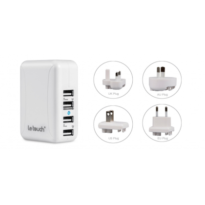 Le Touch USB X 4 Travel Charger with Universal AC Plugs- White