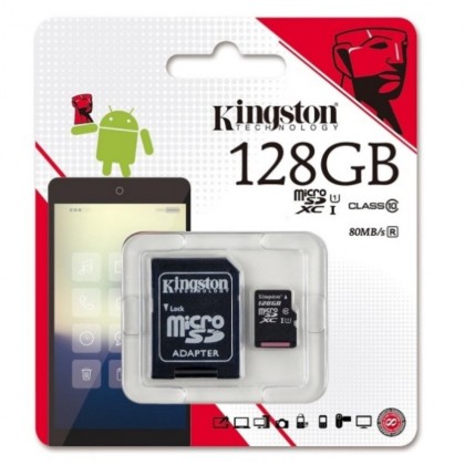 Kingston 128GB Micro SDHC Class 10 UHS-1 Flash Memory Card with Free Adapter Kingston 128GB Micro SDHC Class 10 UHS-1 Flash Memory Card with Free Adapter
