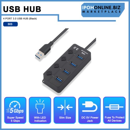 4 PORT 3.0 USB HUB (Black)