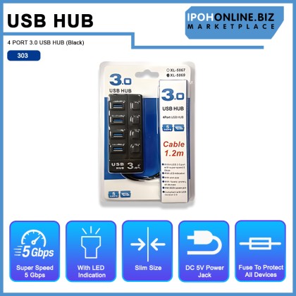 4 PORT 3.0 USB HUB (Black)
