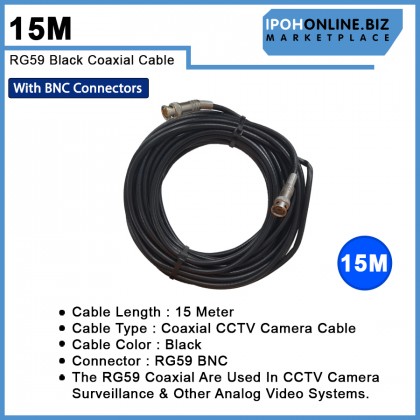 15M RG59 Black Coaxial CCTV Camera Cable With BNC Connectors