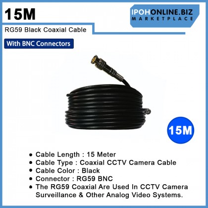 15M RG59 Black Coaxial CCTV Camera Cable With BNC Connectors