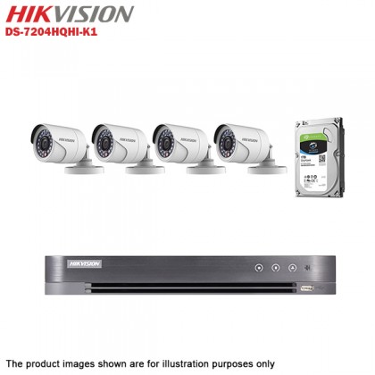 Hikvision Turbo HD 4 Channel CCTV DVR DS-7204HQHI-K1 + Hikvision 1MP 720P Outdoor IR Bullet Camera DS-2CE16C0T-IRP + 1TB Seagate Skyhawk CCTV HDD