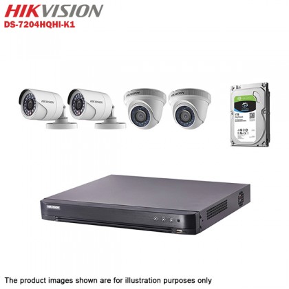 Hikvision Turbo HD 4 Channel CCTV DVR DS-7204HQHI-K1 + Hikvision 1MP 720P Bullet Camera DS-2CE16C0T-IRP & Dome Camera DS-2CE56C0T-IRP + 1TB Seagate Skyhawk CCTV HDD