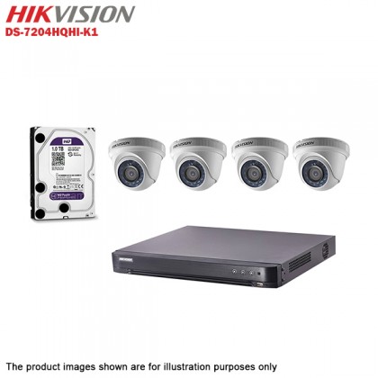 Hikvision Turbo HD 4 Channel CCTV DVR DS-7204HQHI-K1 + Hikvision 1MP 720P Indoor IR Dome Camera DS-2CE56C0T-IRP + 1TB WD PURPLE CCTV HDD