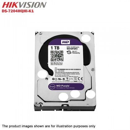Hikvision Turbo HD 4 Channel CCTV DVR DS-7204HQHI-K1 + Hikvision 1MP 720P Indoor IR Dome Camera DS-2CE56C0T-IRP + 1TB WD PURPLE CCTV HDD