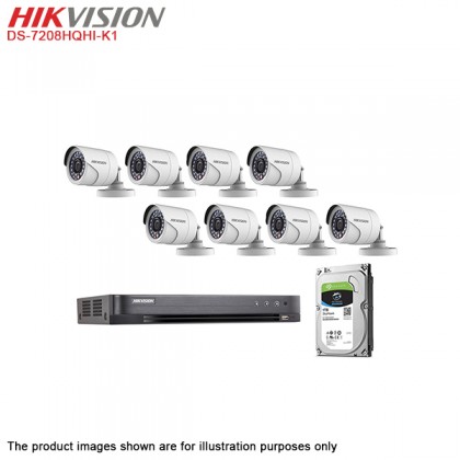 Hikvision Turbo HD 8 Channel CCTV DVR DS-7208HQHI-K1 + Hikvision 1MP 720P Bullet Camera DS-2CE16C0T-IRP & Dome Camera DS-2CE56C0T-IRP + 1TB Seagate Skyhawk CCTV HDD