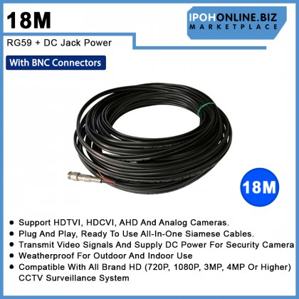 18 Meter RG59 + DC Jack Power Black Coaxial CCTV Camera Cable With BNC Connectors 18 Meter RG59 + DC Jack Power Black Coaxial CCTV Camera Cable With BNC Connectors