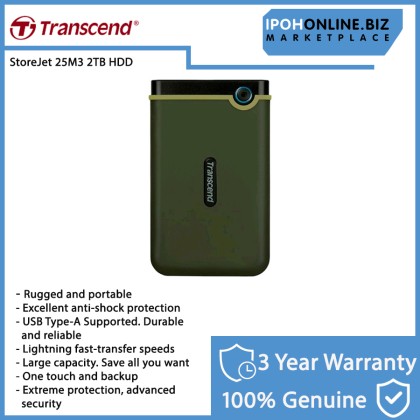 Transcend 2TB StoreJet 25M3 USB 3.1 Gen 1 Portable Hard Drive TS2TSJ25M3G - Military Green Transcend 2TB StoreJet 25M3 USB 3.1 Gen 1 Portable Hard Drive TS2TSJ25M3G - Military Green