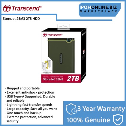 Transcend 2TB StoreJet 25M3 USB 3.1 Gen 1 Portable Hard Drive TS2TSJ25M3G - Military Green Transcend 2TB StoreJet 25M3 USB 3.1 Gen 1 Portable Hard Drive TS2TSJ25M3G - Military Green