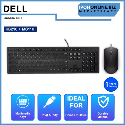 Dell Multimedia USB Wired Keyboard - KB216 US International (QWERTY) Black + Dell Optical USB Wired Mouse - MS116 065K5F Combo Set