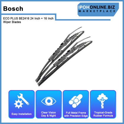 Bosch ECO PLUS BE2416 24 Inch + 16 Inch Wiper Blades New Quick-Clip Advanced Tropical Rubber Formula With Graphite For Chevrolet Dodge Fiat Ford Hyundai Kia Lexus Mazda Mitsubishi Nissan Renault Subaru Toyota