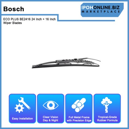 Bosch ECO PLUS BE2416 24 Inch + 16 Inch Wiper Blades New Quick-Clip Advanced Tropical Rubber Formula With Graphite For Chevrolet Dodge Fiat Ford Hyundai Kia Lexus Mazda Mitsubishi Nissan Renault Subaru Toyota