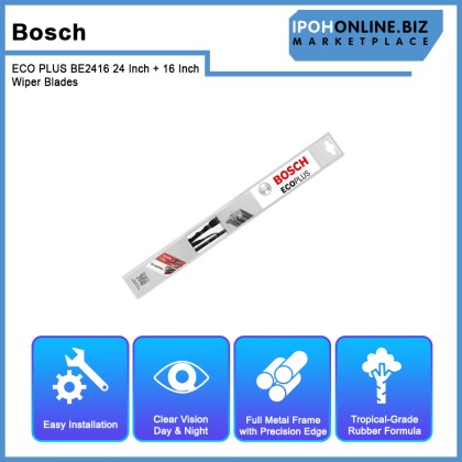 Bosch ECO PLUS BE2416 24 Inch + 16 Inch Wiper Blades New Quick-Clip Advanced Tropical Rubber Formula With Graphite For Chevrolet Dodge Fiat Ford Hyundai Kia Lexus Mazda Mitsubishi Nissan Renault Subaru Toyota