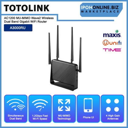TOTOLINK A3000RU AC1200 MU-MIMO Wave2 Wireless Dual Band Gigabit WiFi Router - Unifi Time Maxis Fiber