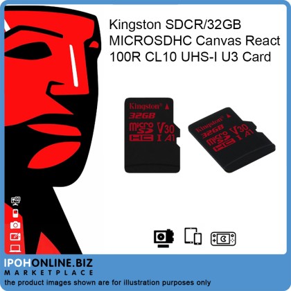 Kingston SDCR/32GB MICROSDHC Canvas React 100R CL10 UHS-I U3 Card