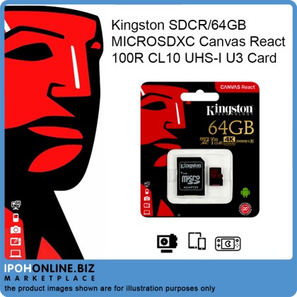 Kingston SDCR/64GB Microsdxc Canvas React 100R CL10 UHS-I U3 Card