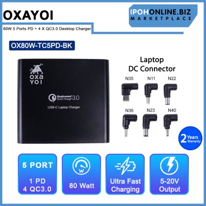 OXAYOI 80W 5 ports PD + 4 X Qualcomm 3.0 Ultra Fast Laptop Desktop Charger - Black OX80W-TC5PD-BK