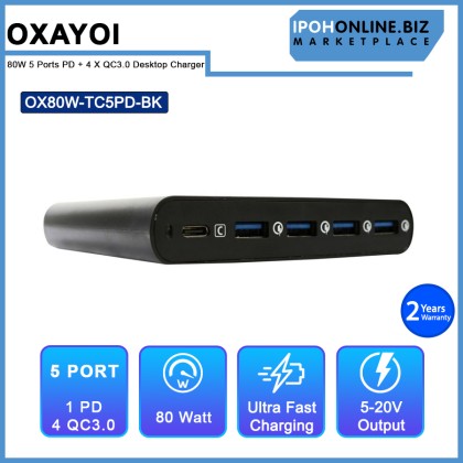 OXAYOI 80W 5 ports PD + 4 X Qualcomm 3.0 Ultra Fast Laptop Desktop Charger - Black OX80W-TC5PD-BK