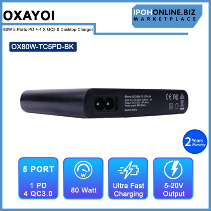 OXAYOI 80W 5 ports PD + 4 X Qualcomm 3.0 Ultra Fast Laptop Desktop Charger - Black OX80W-TC5PD-BK