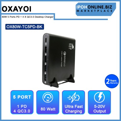OXAYOI 80W 5 ports PD + 4 X Qualcomm 3.0 Ultra Fast Laptop Desktop Charger - Black OX80W-TC5PD-BK