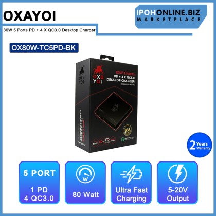 OXAYOI 80W 5 ports PD + 4 X Qualcomm 3.0 Ultra Fast Laptop Desktop Charger - Black OX80W-TC5PD-BK
