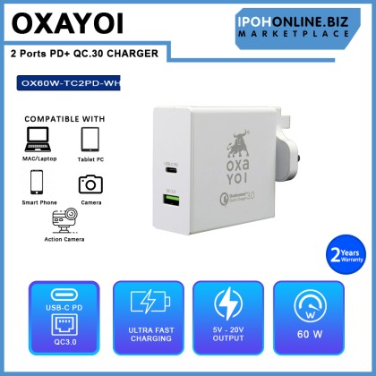 OXAYOI 60W 2 ports PD + Qualcomm 3.0 Ultra Fast Charger - White OX60W-TC2PD-WH
