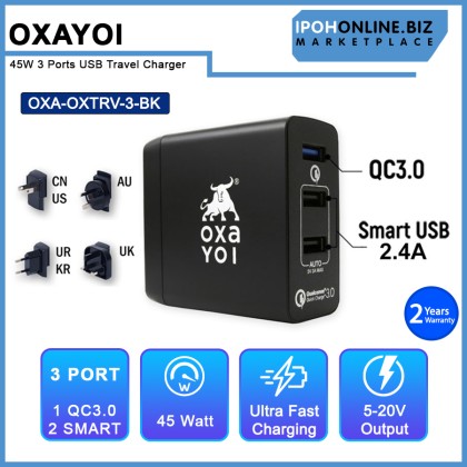 OXAYOI 45W 3 ports Qualcomm 3.0 + 2 X Smart USB Travel Charger - Black OXTRV-3-BK