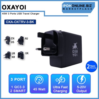 OXAYOI 45W 3 ports Qualcomm 3.0 + 2 X Smart USB Travel Charger - Black OXTRV-3-BK