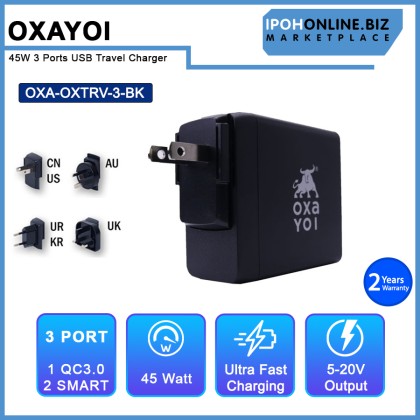 OXAYOI 45W 3 ports Qualcomm 3.0 + 2 X Smart USB Travel Charger - Black OXTRV-3-BK
