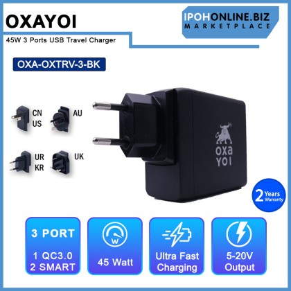 OXAYOI 45W 3 ports Qualcomm 3.0 + 2 X Smart USB Travel Charger - Black OXTRV-3-BK