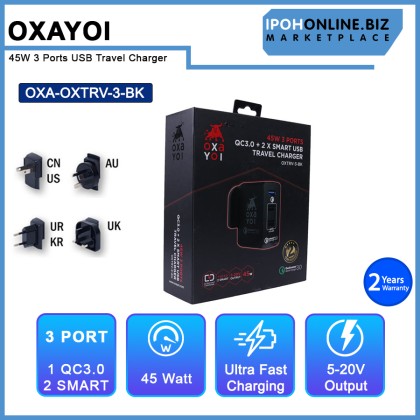 OXAYOI 45W 3 ports Qualcomm 3.0 + 2 X Smart USB Travel Charger - Black OXTRV-3-BK