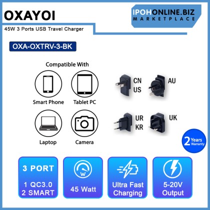 OXAYOI 45W 3 ports Qualcomm 3.0 + 2 X Smart USB Travel Charger - Black OXTRV-3-BK