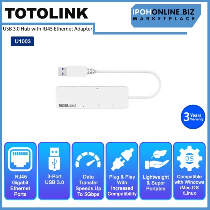 TOTOLINK U1003 3-Port USB 3.0 Hub With RJ45 Gigabit Ethernet Adapter