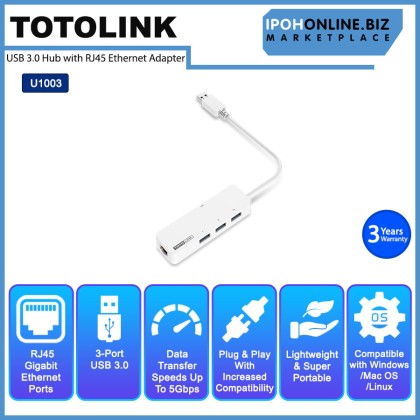 TOTOLINK U1003 3-Port USB 3.0 Hub With RJ45 Gigabit Ethernet Adapter