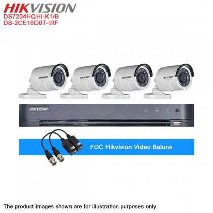 Hikvision 4 Channel Turbo HD Balun DVR + Hikvision 2MP IR Bullet Camera x 4 + 12V 1A Power Adapter + 1TB CCTV Hard Drive + FOC Hikvision Video Baluns Package