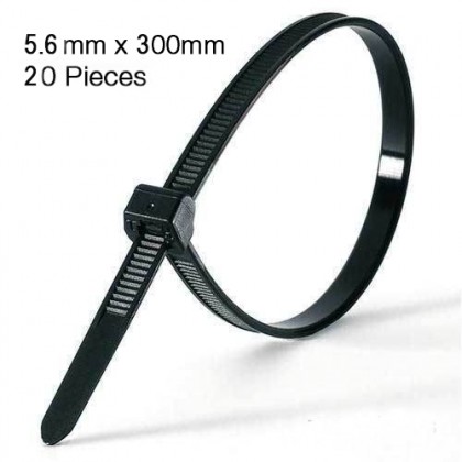 5.6mm X 300mm Self-Locking Nylon Cable Tie Black - 20 Pcs