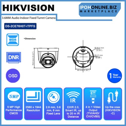 HIKVISION DS-2CE76H0T-ITFPS 5MP 3.6MM Audio Indoor Fixed Turret Camera