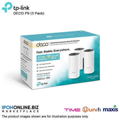 TP-LINK DECO P9 3-Pack AC1200 Smart + HomePlug AV1000 Whole Home Powerline Mesh Wi-Fi System Gigabit Router Unifi Time Maxis
