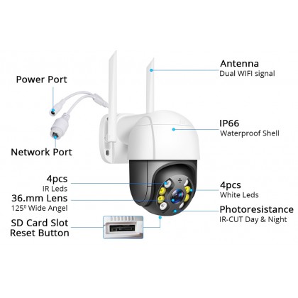 2.0 Megapixel H.265+ Pan Tilt Zoom WIFI Home Surveillance IP Outdoor Security Camera