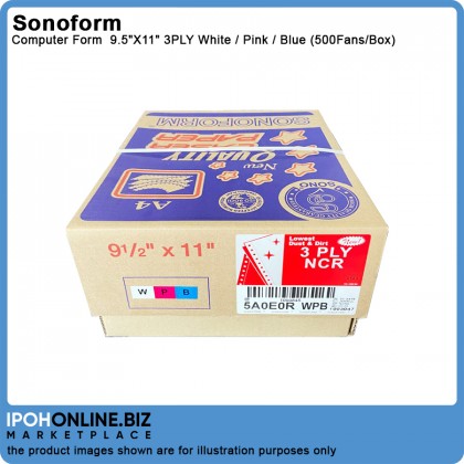 SONOFORM 9.5 x 11 Inch 3PLY NCR Computer Form 500 Fans - White Pink Blue