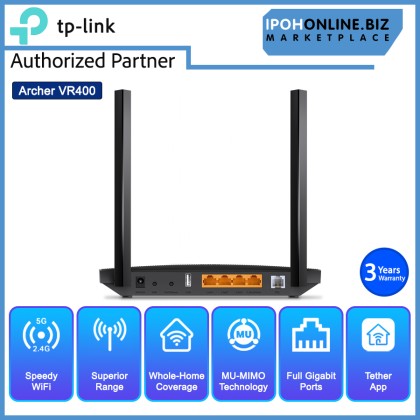 TP-Link Archer VR400 V3 AC1200 Wireless MU-MIMO VDSL ADSL Modem Router with One Mesh - TM Streamyx / UNIFI / Fiber
