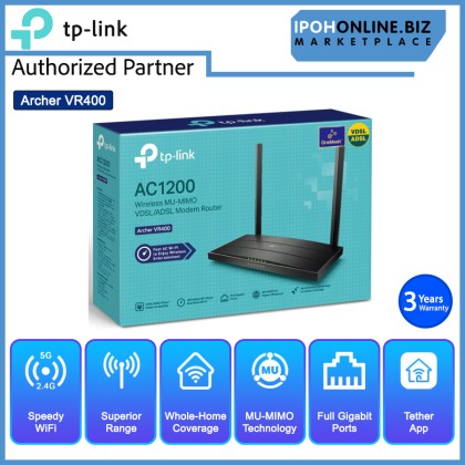 TP-Link Archer VR400 V3 AC1200 Wireless MU-MIMO VDSL ADSL Modem Router with One Mesh - TM Streamyx / UNIFI / Fiber