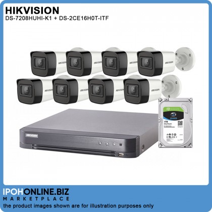 Hikvision DS-7208HUHI-K1 8 Channel Turbo HD DVR + Hikvision DS-2CE16H0T-ITF 5MP Bullet Camera x 8 + 1TB Seagate Skyhawk CCTV HDD
