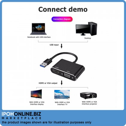 USB 3.0 to VGA/HDMI Cable 2 in 1 Adapter (Black)