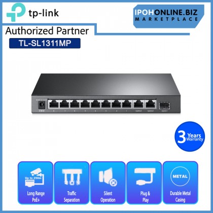 TP-Link TL-SL1311MP 8 Port 10/100Mbps + 3 Port Gigabit Desktop Switch with 8 Port PoE+ with Transmission for Surveillance up to 250m