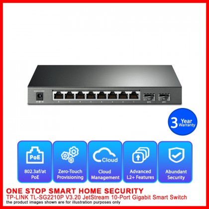 TP-LINK TL-SG2210P V3.20 JetStream 10-Port Gigabit Smart Switch with 8-Port PoE+ - Optimized Voice and Video Applications with Cloud Access