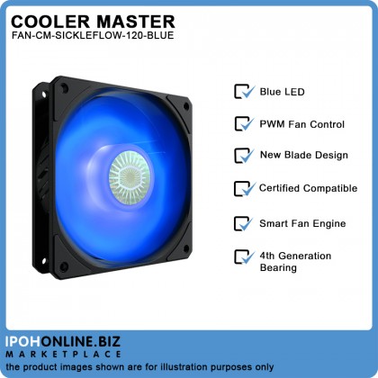 Cooler Master SickleFlow 120 Blue LED 4Pin PWM 120mm 4.7 inch PC Chassis Cooling Case Fan