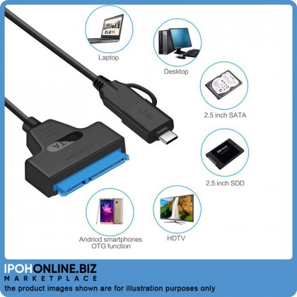 2 In 1 USB 3.0 / Type-C to SATA 7+15 Pin Cable Adapter for 2.5" HDD Hard Drive 